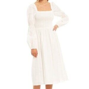 Antonio Melani White Linen Blend Smocked Midi Dress Sz 6 Lined Long Puff Sleeved